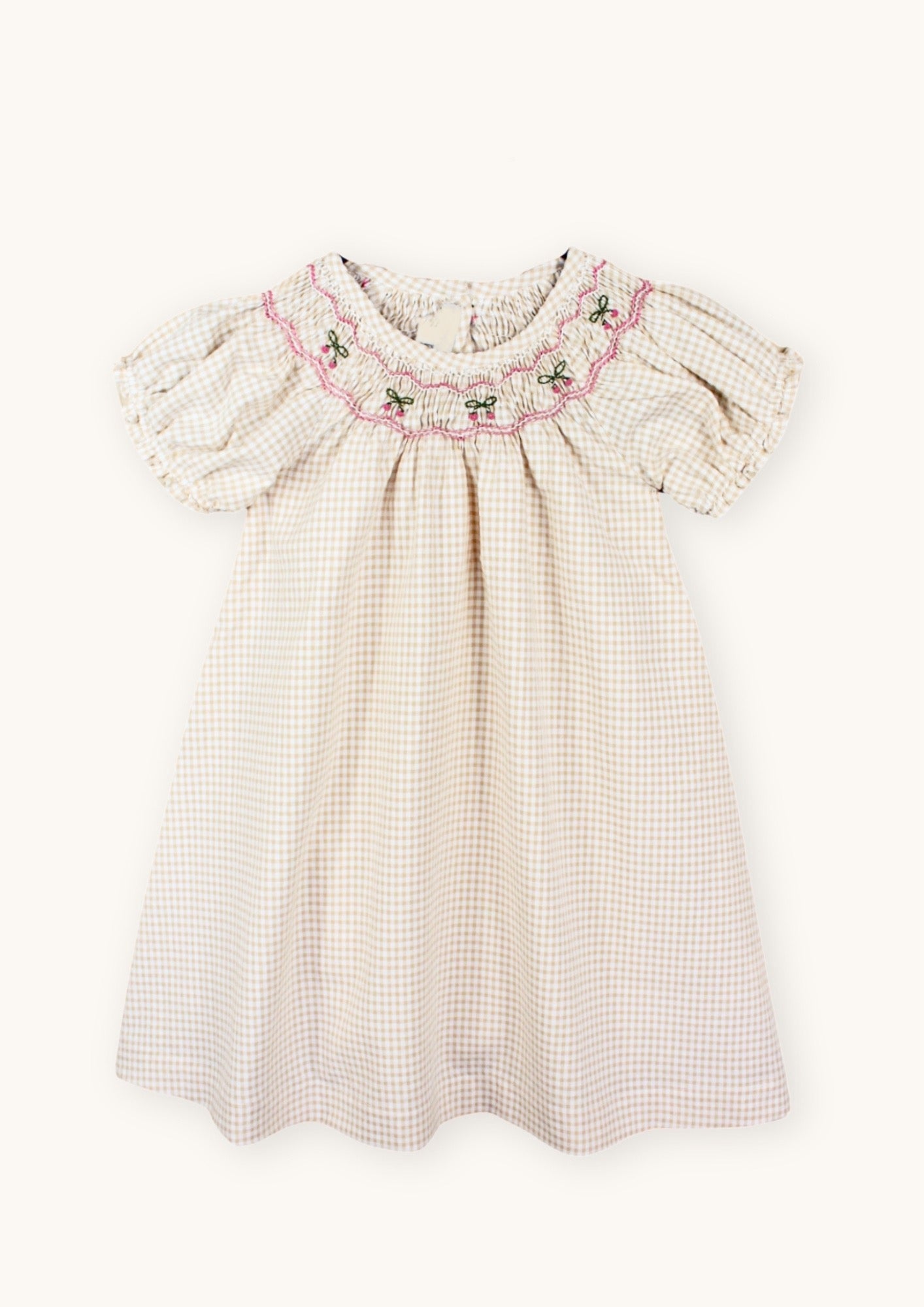 Cherry Embroidery Beige Gingham Dress