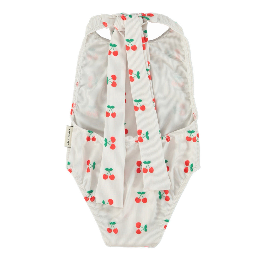 Ribbed white bathing suit with red and green cherry print