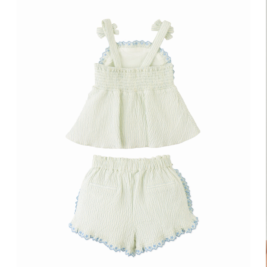 Striped Bow Strap Top and Scalloped Shorts Set