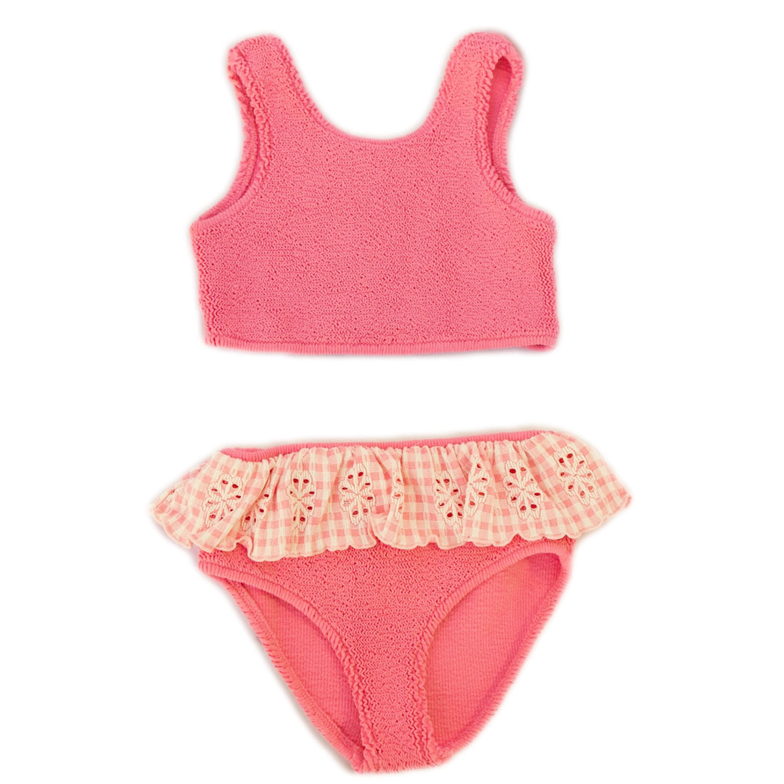 Pink textured bikini set with white trim