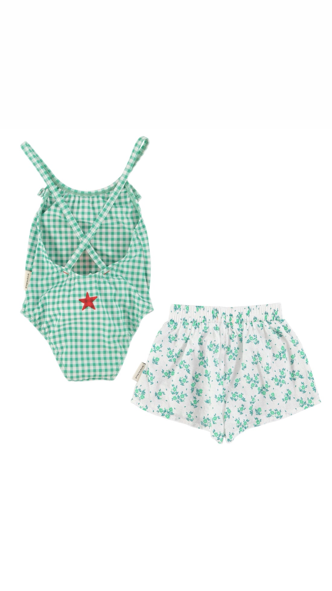 Green Checkered Ruffled Swimsuit and Floral Shorts Set