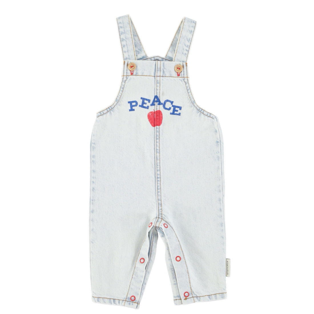 Light blue denim overalls with 'PEACE' and a red apple