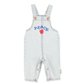 Light blue denim overalls with 'PEACE' and a red apple