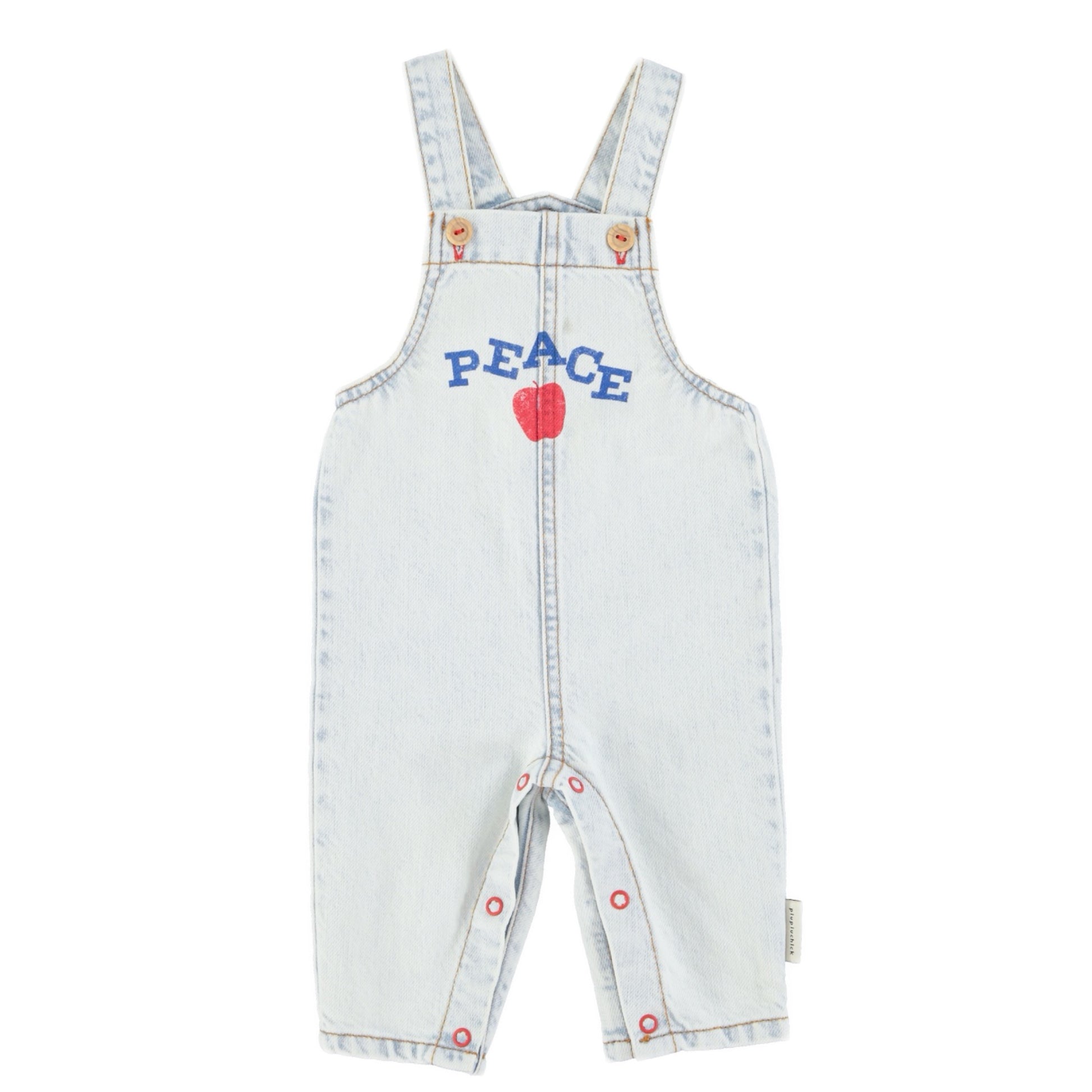 Light blue denim overalls with 'PEACE' and a red apple