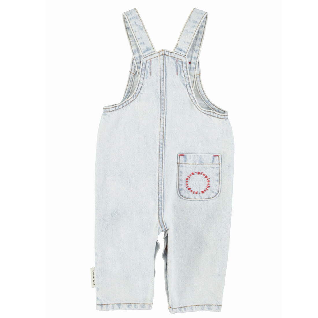 Light blue denim overalls with 'PEACE' and a red apple