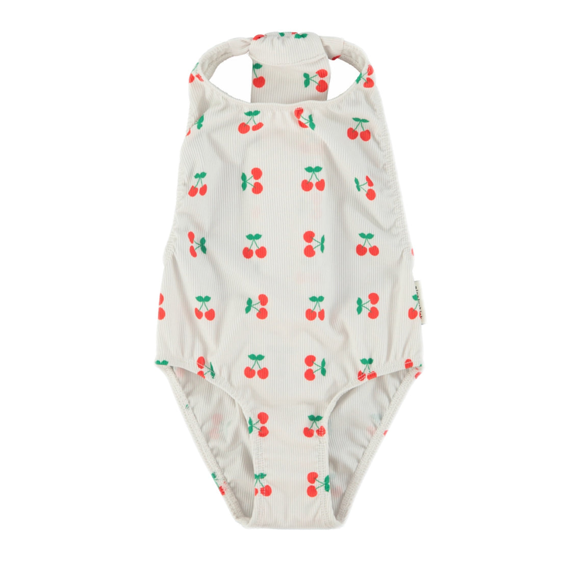 Ribbed white bathing suit with red and green cherry print