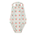 Ribbed white bathing suit with red and green cherry print