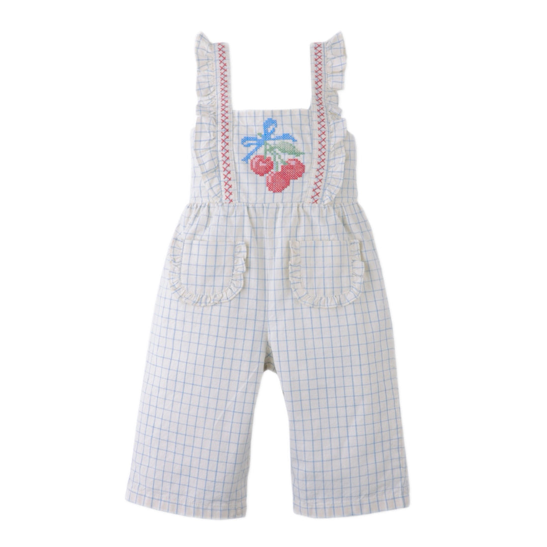 Checkered overalls with cherry and bow design 
