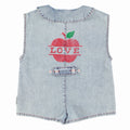 Light blue denim jumpsuit with an apple and 'LOVE' text 