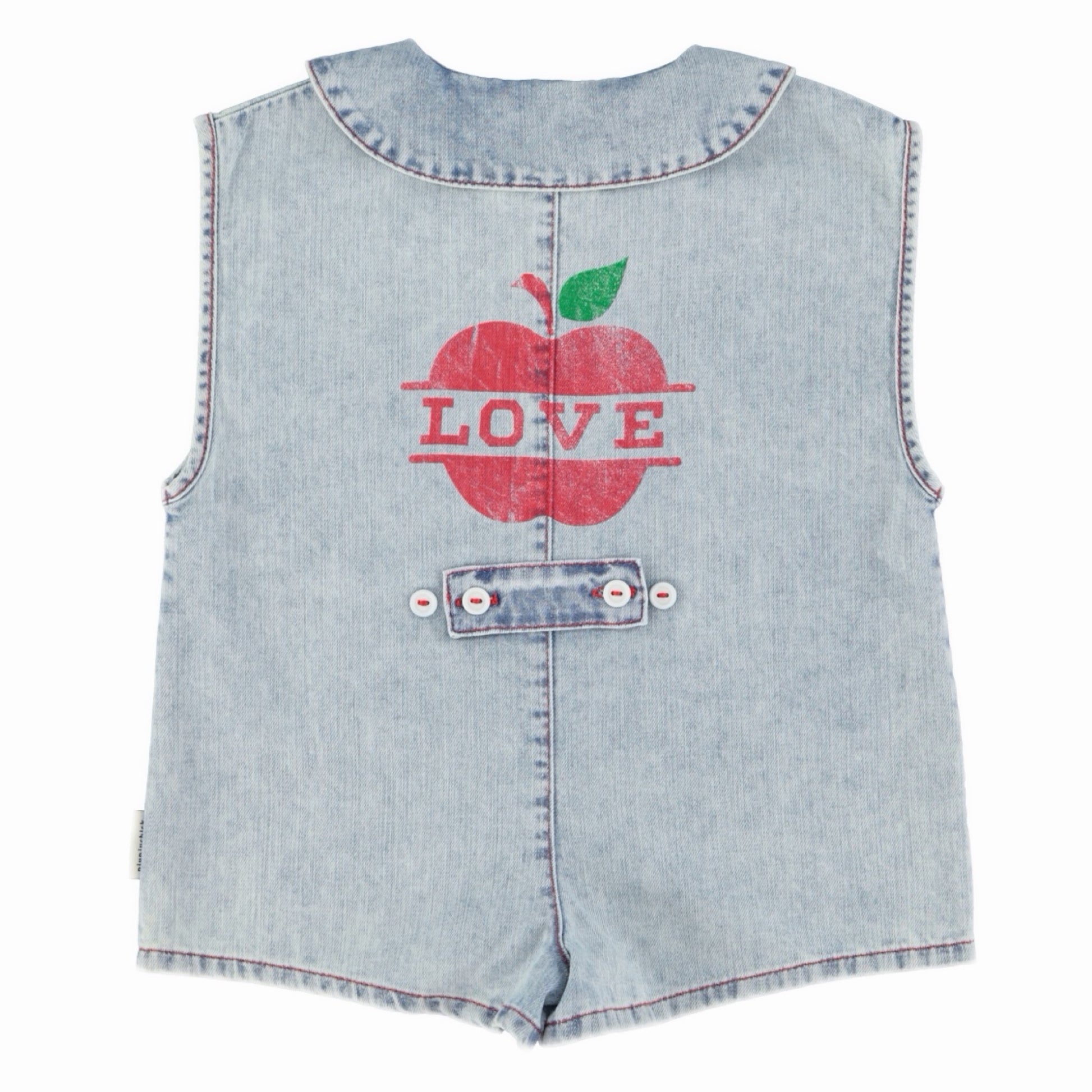Light blue denim jumpsuit with an apple and 'LOVE' text 