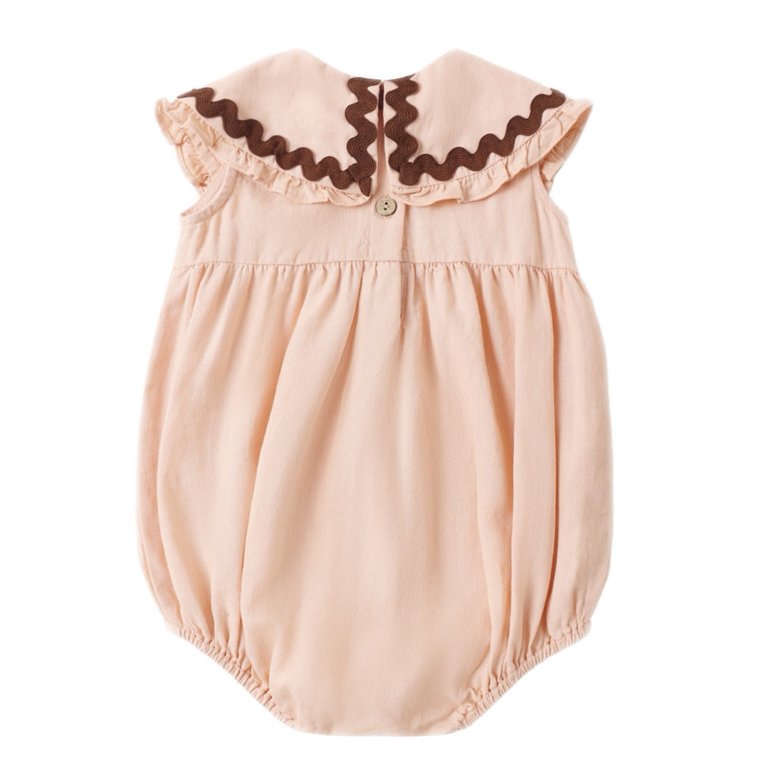 Baby pink romper with brown trim ruffled collar 