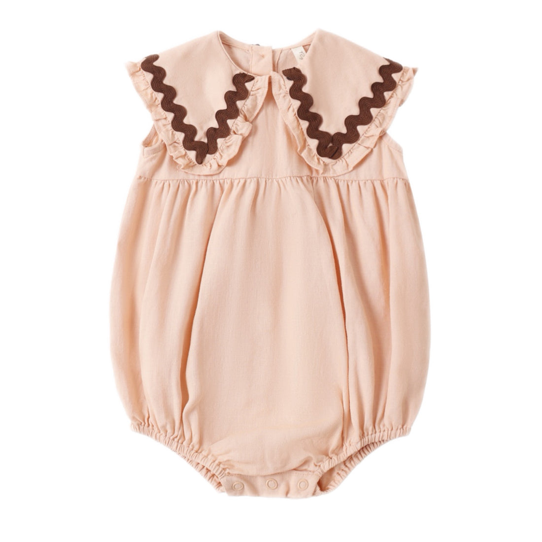 Baby pink romper with brown trim ruffled collar 
