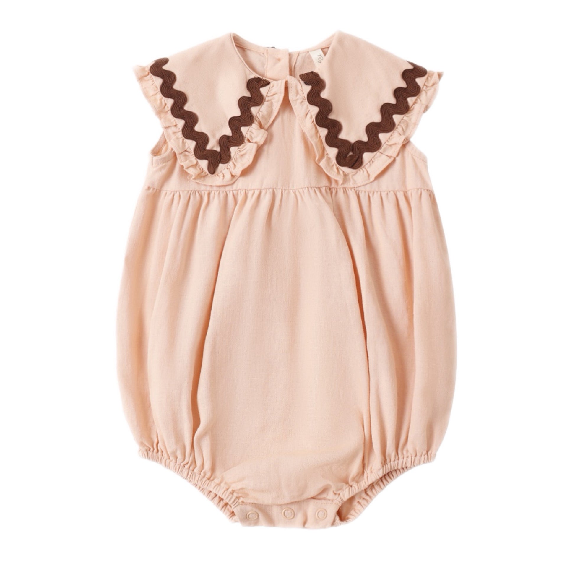 Baby pink romper with brown trim ruffled collar 