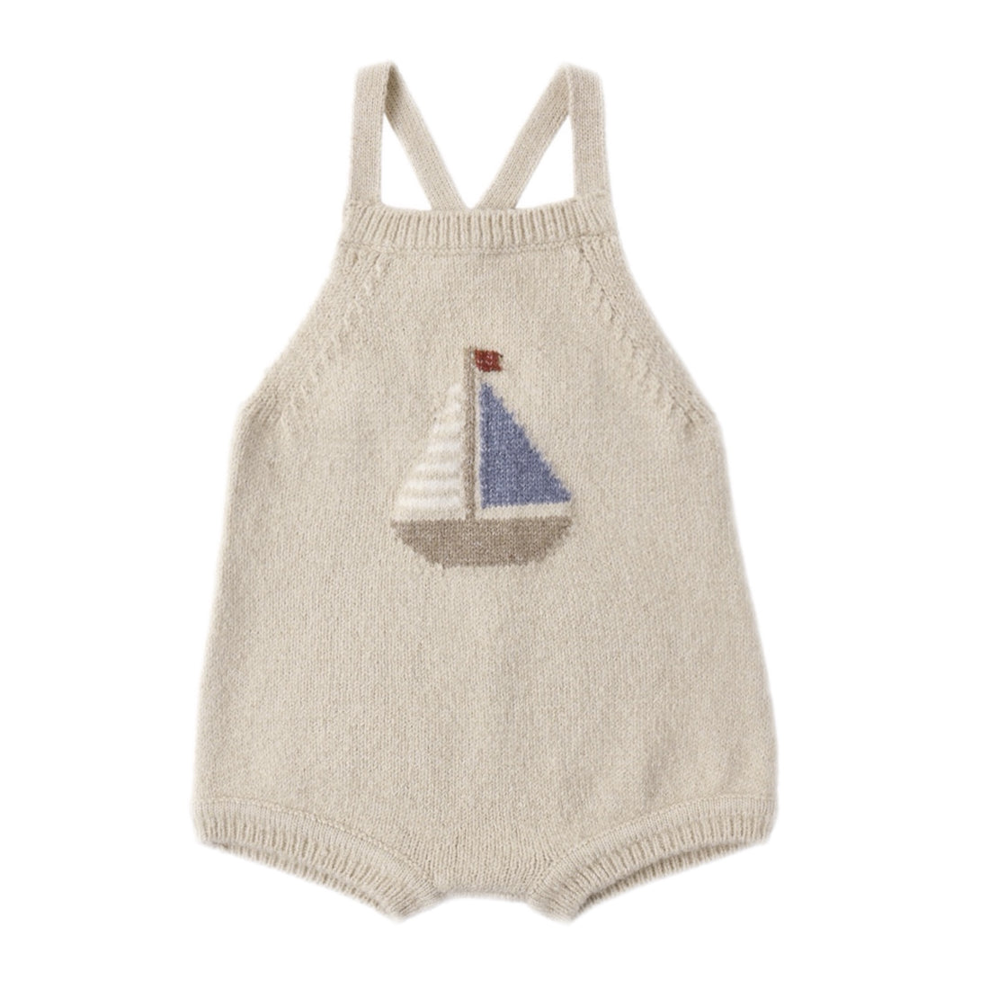 Beige knitted romper with sailboat design 