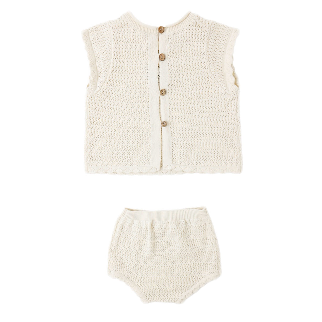 Knitted baby set white vest with a blue bow and bloomers 
