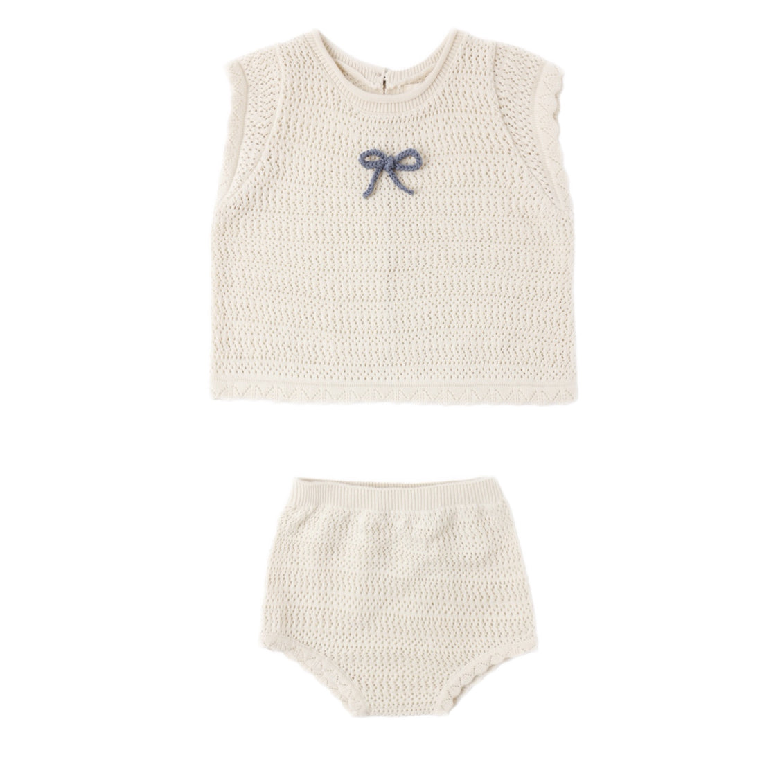 Knitted baby set white vest with a blue bow and bloomers 