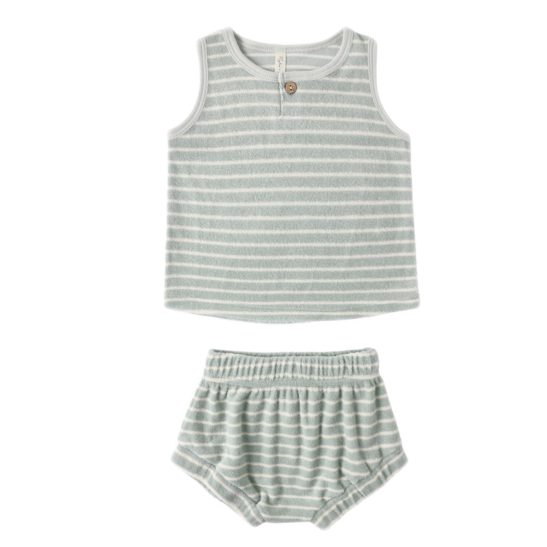 Blue and white striped tank top and shorts set with button