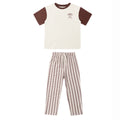 Children's set with a white short sleeve top with brown sleeves, paired with striped brown and white pants .