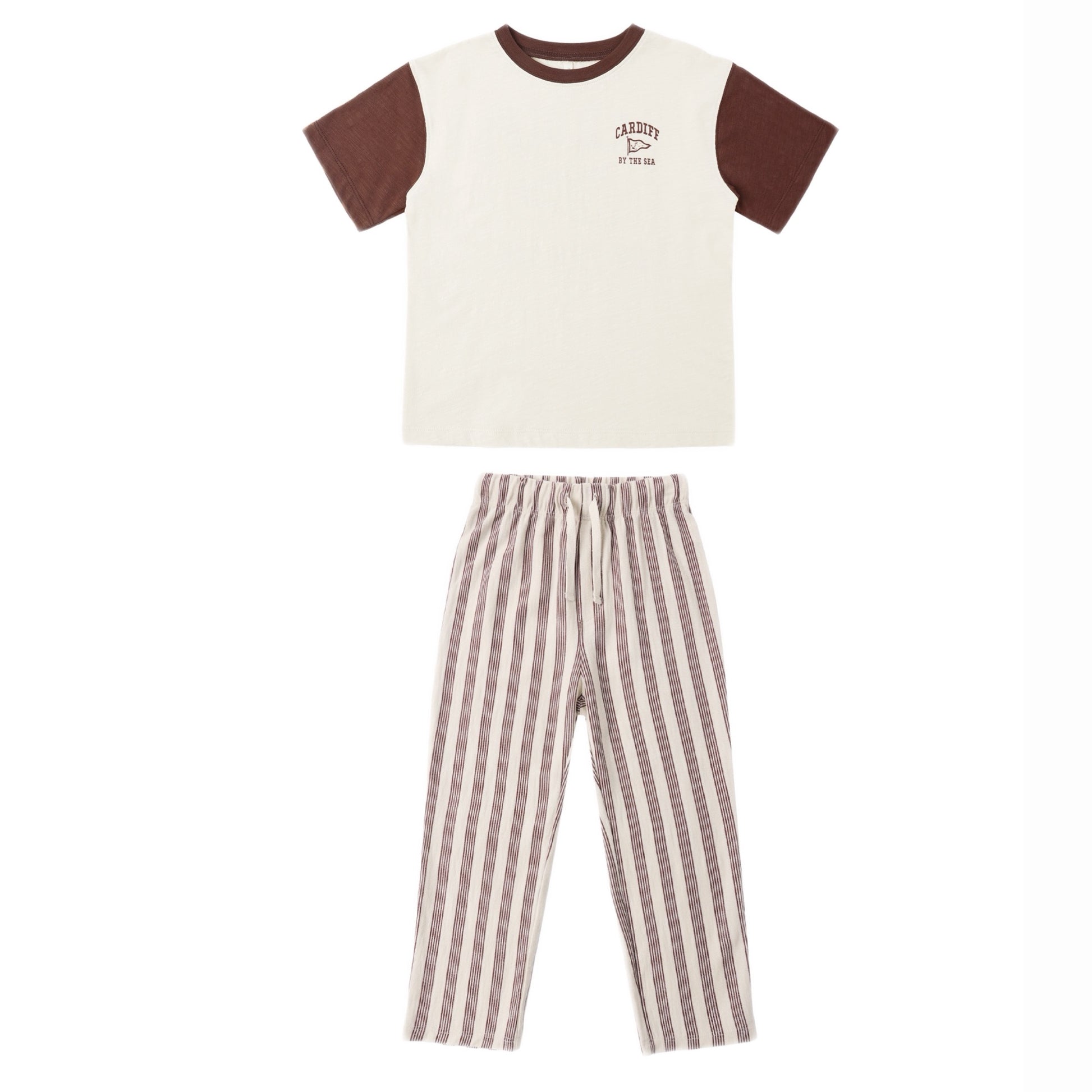 Children's set with a white short sleeve top with brown sleeves, paired with striped brown and white pants .