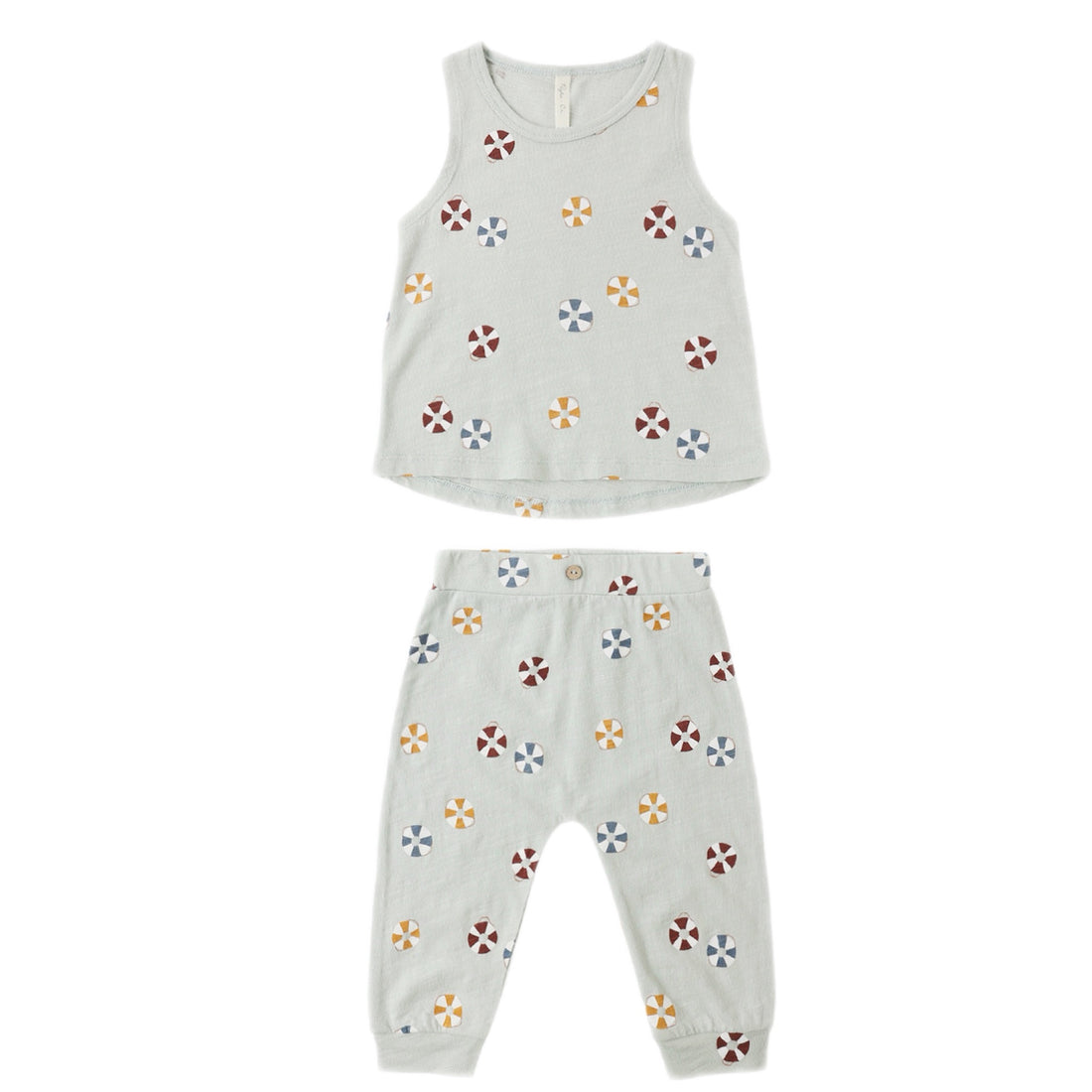 Children's sleeveless top and pants set with colorful pattern on a grey background