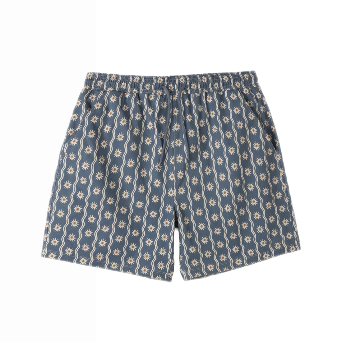 Blue shorts with sunflower pattern on a white background