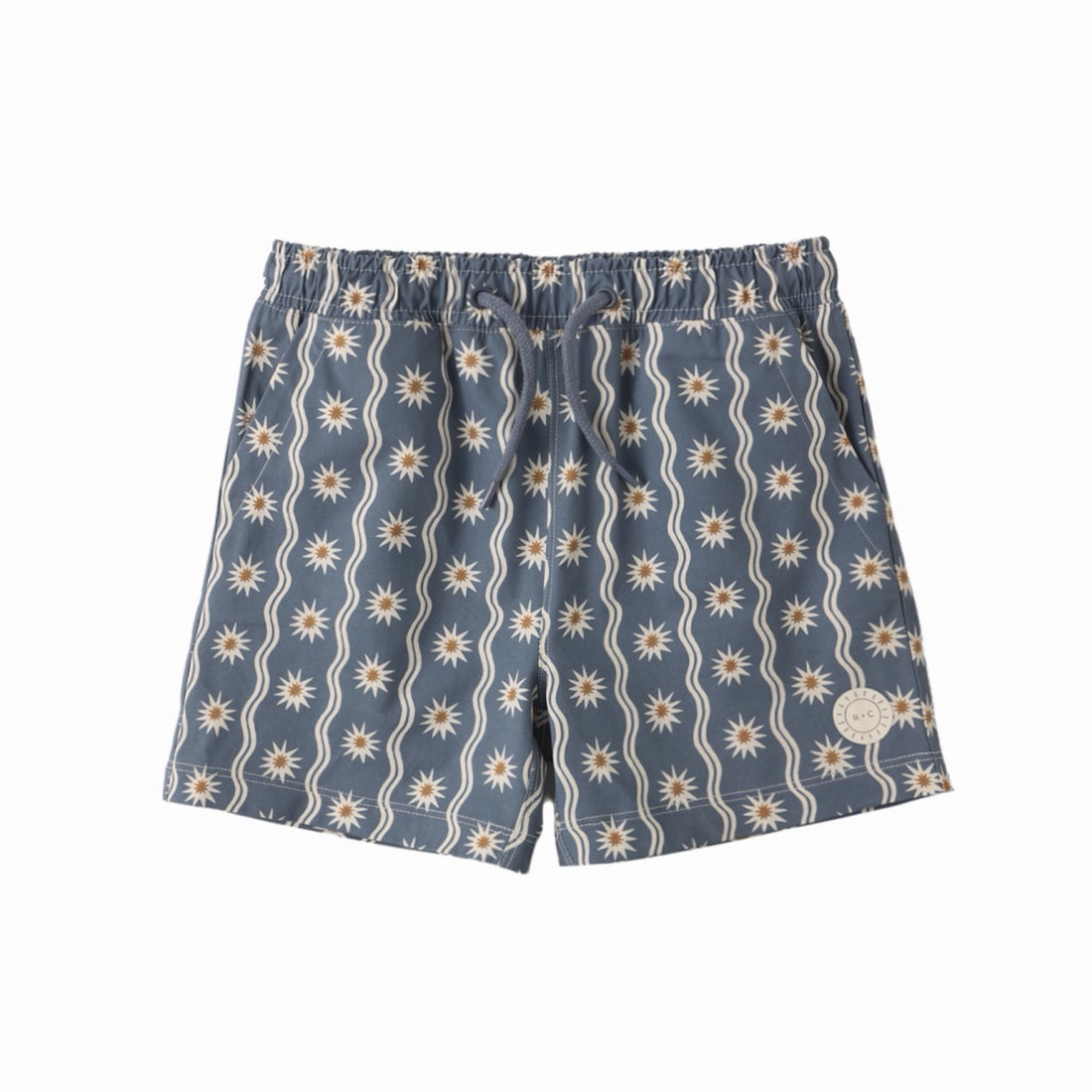 Blue shorts with sunflower pattern on a white background
