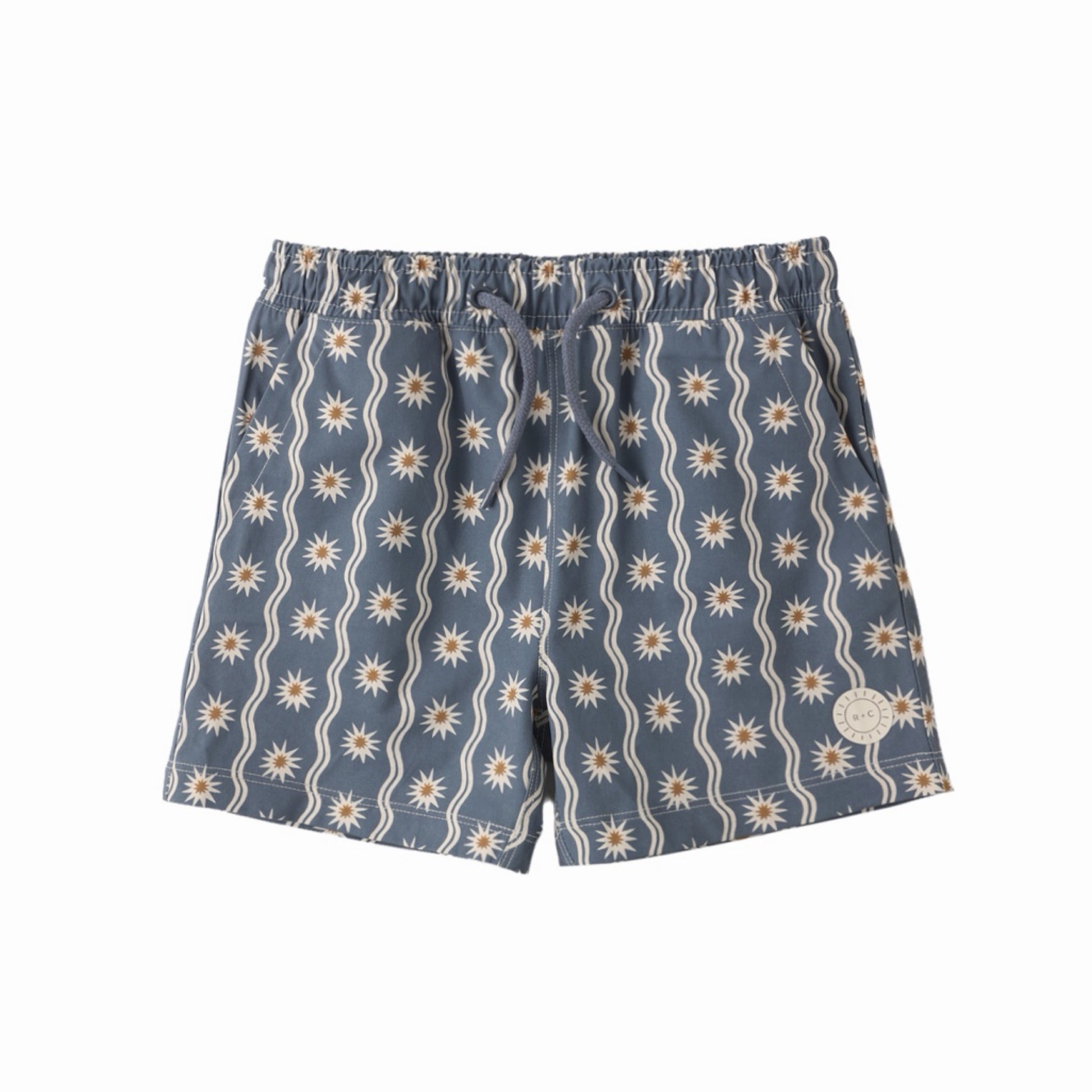 Blue shorts with sunflower pattern on a white background