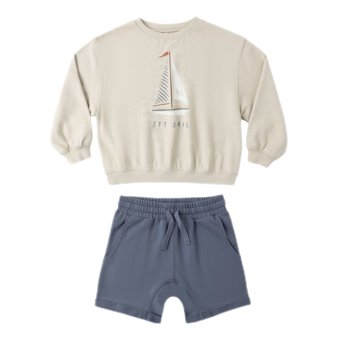Children's beige sweatshirt with sailboat design and blue shorts 