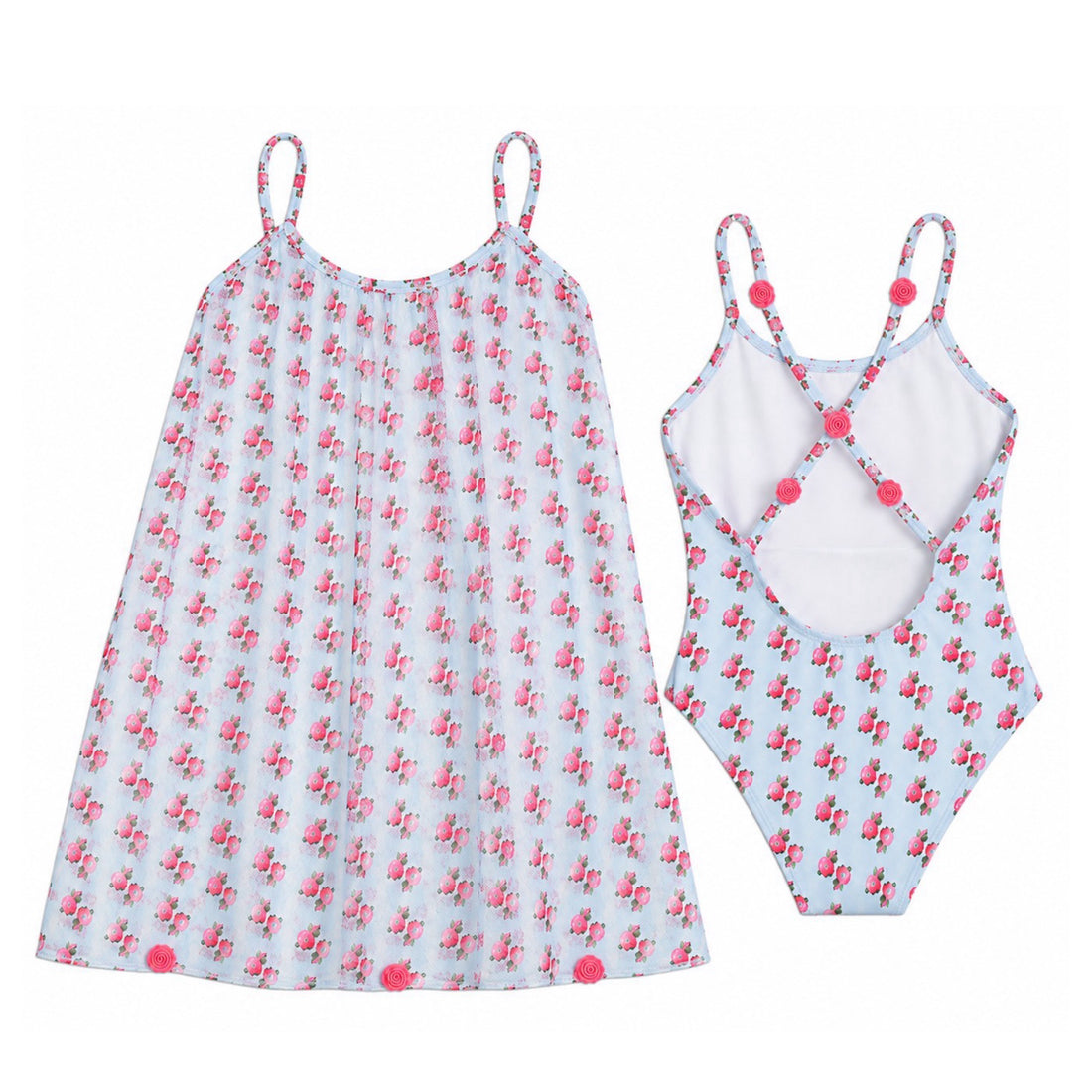 Rosette One Piece & Mesh Dress Set - Rose Print