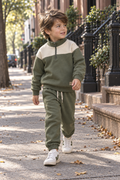 Wheat Matteo & Cosmo Sweatshirt Set in Thyme - candid boy walking