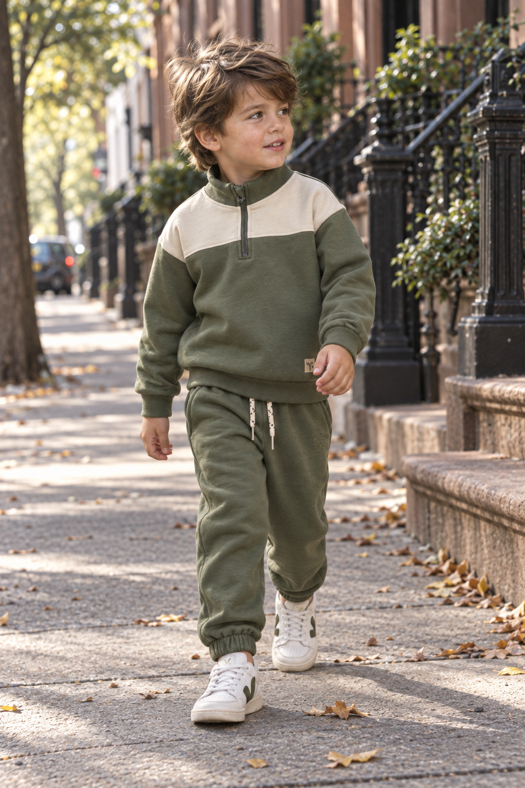 Wheat Matteo & Cosmo Sweatshirt Set in Thyme - candid boy walking