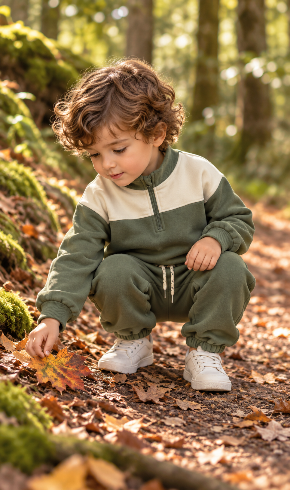 Wheat Matteo & Cosmo Sweatshirt Set in Thyme - boy picking up a leaf