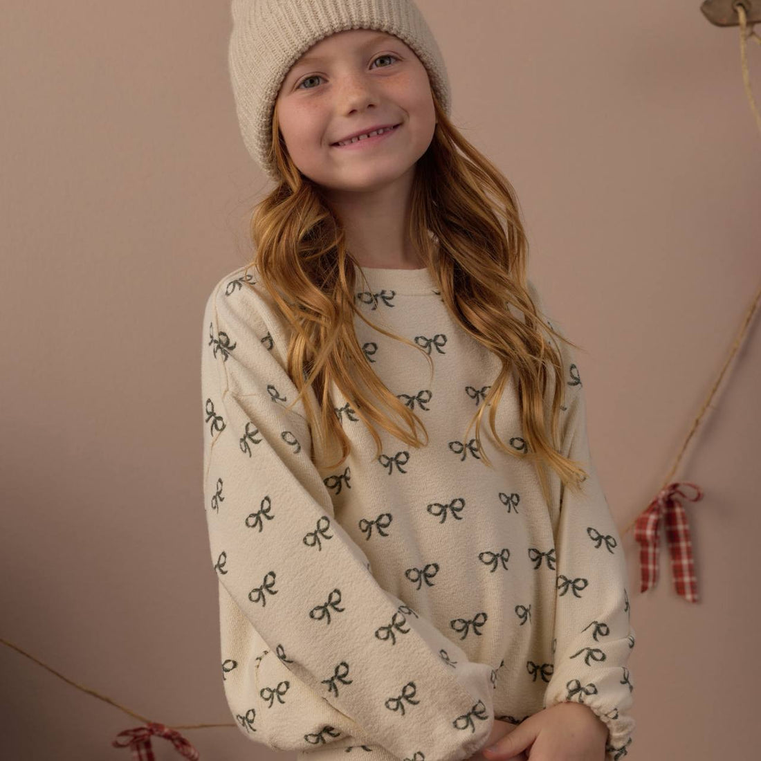 Spongey Knit Set Evergreen Bows - Natural